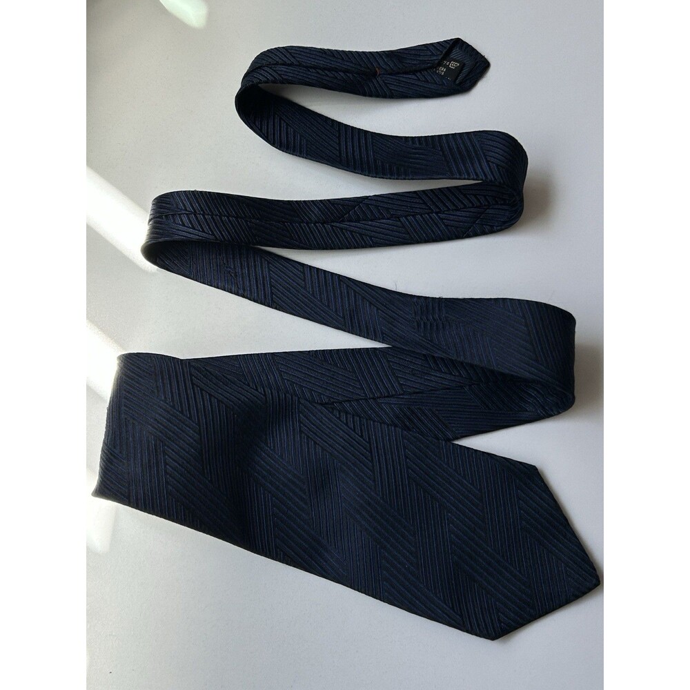 Ermenegildo Zegna Tie Mens Navy Blue Black Geometric Chevron Striped Woven Silk - Picture 3 of 6
